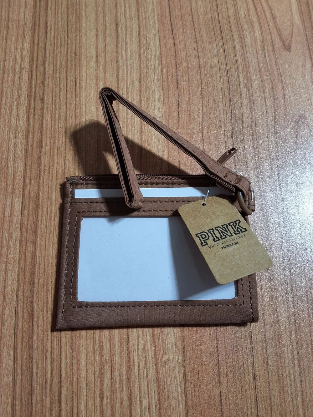 PINK Victoria's Secret Brown Canvas Card Wallet with Red and White Stripe